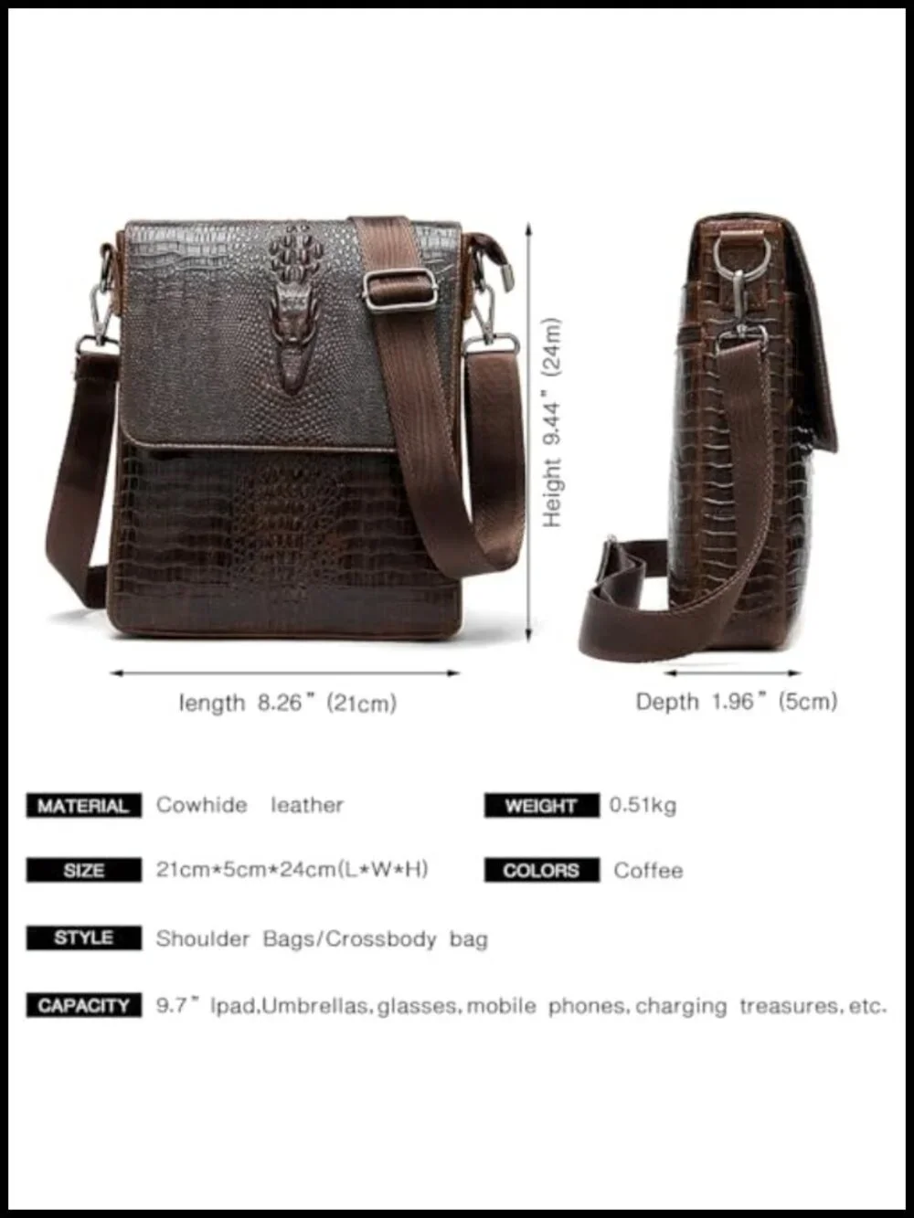 Leather Messenger Bag Crocodile Embossed Crossbody Shoulder Bag for Men